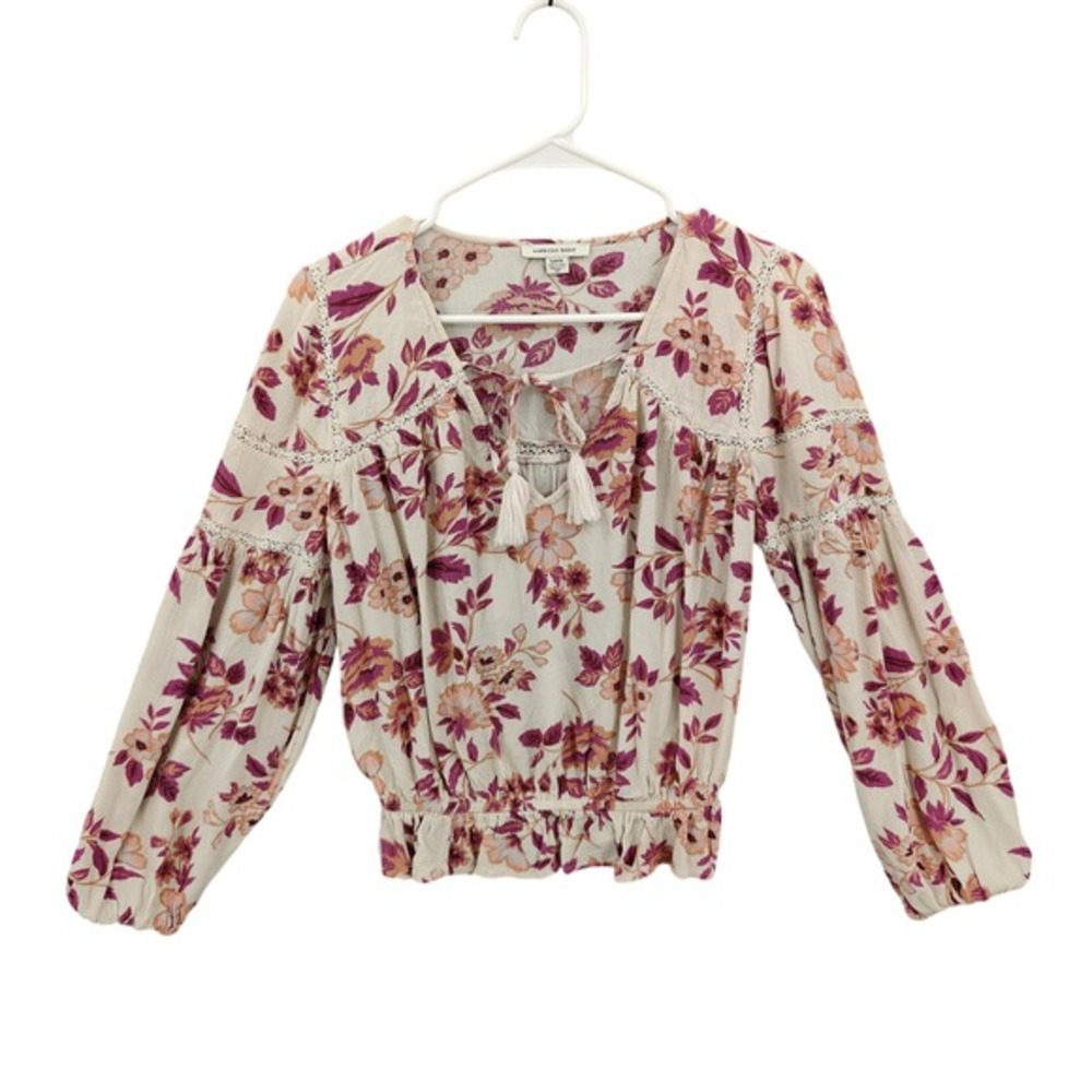 American Eagle Womens Peasant Fairy Cottage Crop S Top Floral Cream Pink Smocked